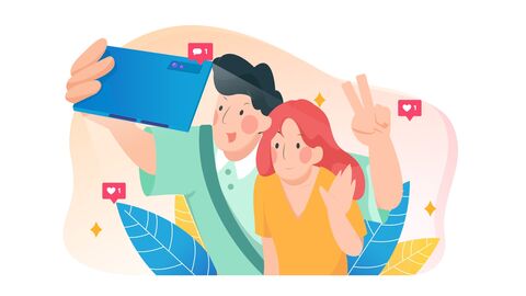 Illustration: Zwei junge Leute machen ein Selfie 