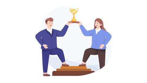 Illustration: Zwei Menschen halten gemeinsam stolz einen Pokal nach oben