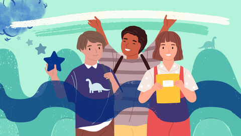 Drei junge Teenager stehen fröhlich nebeneinander, 1 hält einen Stern, 1 jubelt, 1 hält ein Heft