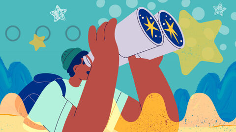 Jemand schaut durch ein riesiges Fernglas