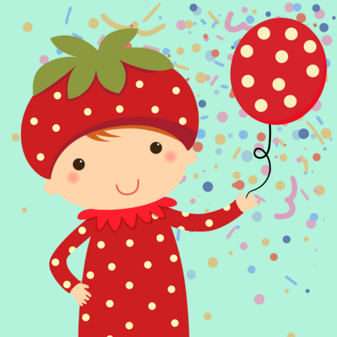 Illustraion: Ein als Erdbeere verkleidetes Kind steht lachend im Konfettiregen und hält einen Luftballon im Erdbeer-Look.